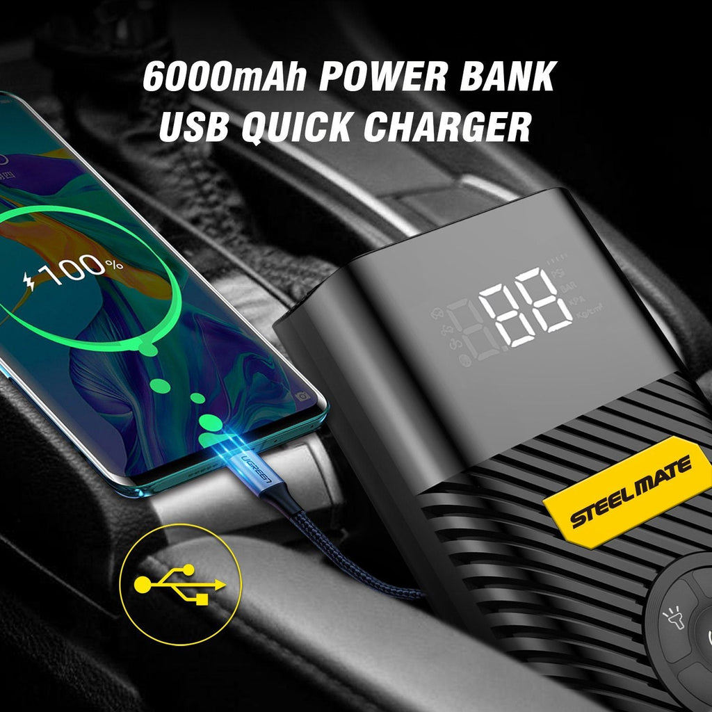 Air Compressor Portable Air Inflator Hand Held Tire Pump 6000mAh with Digital LCD LED Light DC5V/2A Power Bank 120PSI for Car Bicycle Motorcycle Tires and Other Inflatables PO8 - Autolizer