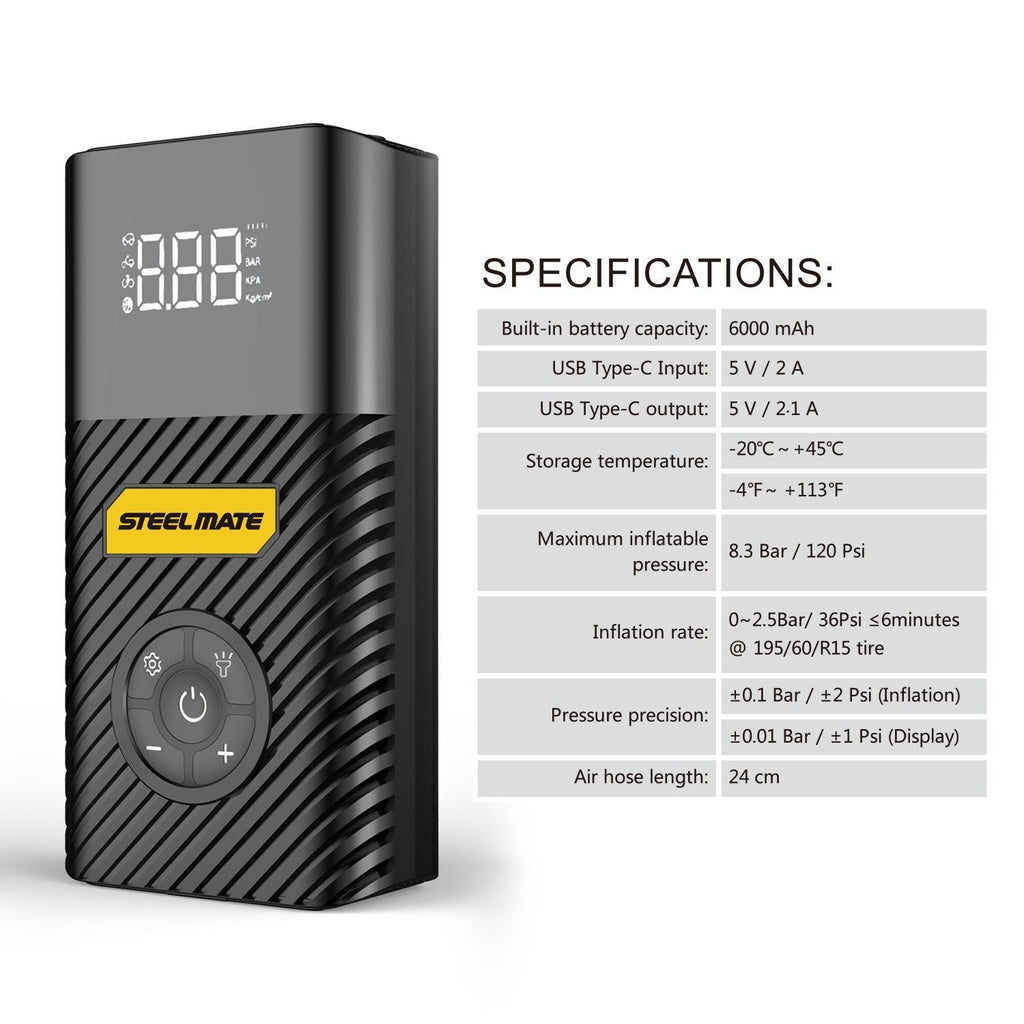 Air Compressor Portable Air Inflator Hand Held Tire Pump 6000mAh with Digital LCD LED Light DC5V/2A Power Bank 120PSI for Car Bicycle Motorcycle Tires and Other Inflatables PO8 - Autolizer