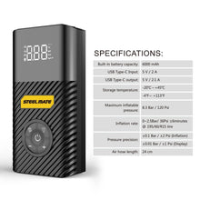 Load image into Gallery viewer, Air Compressor Portable Air Inflator Hand Held Tire Pump 6000mAh with Digital LCD LED Light DC5V/2A Power Bank 120PSI for Car Bicycle Motorcycle Tires and Other Inflatables PO8 - Autolizer